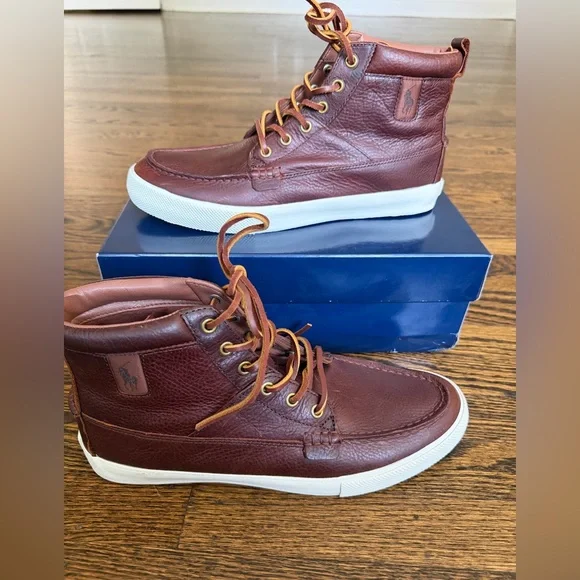 Polo Ralph Lauren Travis Leather High Top Sneakers Brown Size 10.5D New - Picture 2 of 7